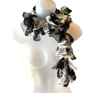 Crocheted Scarf Black White Thin Knit Scarf with a Touch Of Sparkle 48 Inches…